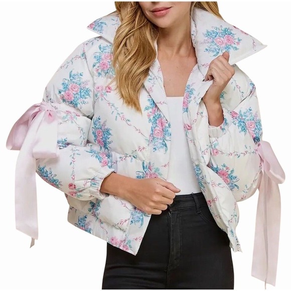Loveshack Fancy Inspired Jackets & Blazers - Loveshack Fancy Inspired Floral Puffer Jacket Multicolor Bow